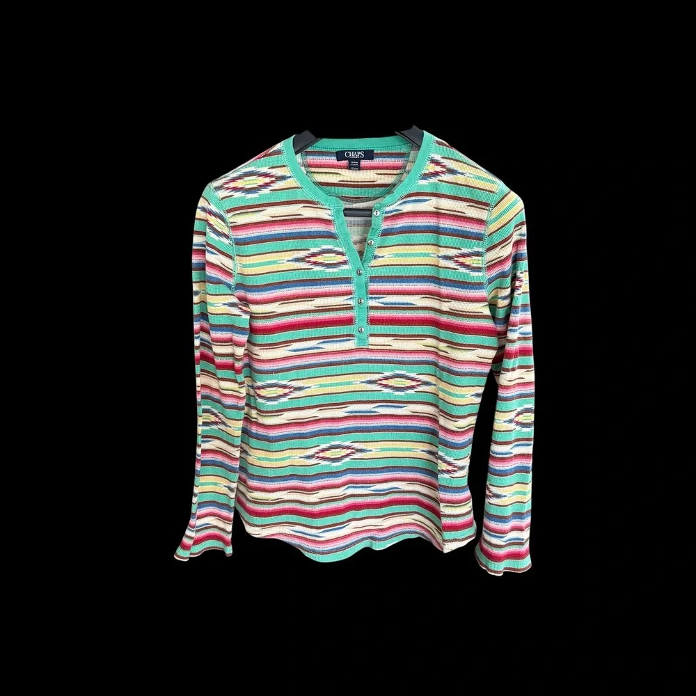 Chaps Denim Womens M Henley Shirt Southwestern Ikat Aztec Waffle Knit Thermal